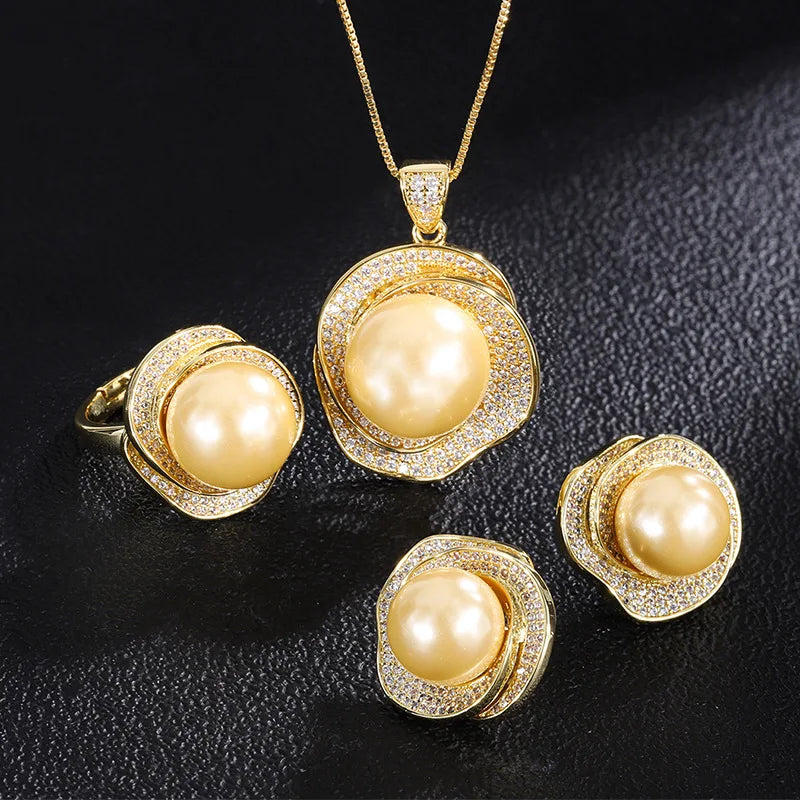 Gemfiori Fashionable and Versatile Rose Freshwater Pearl Pendant Necklace Light Luxury and Elegant Jewelry Set