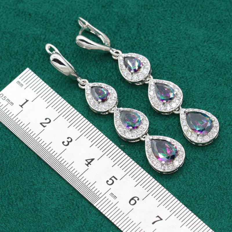 XOTICA Dubai Rainbow Zircon Silver Jewelry Set Ladies Long Earrings Ring Bracelet for Parties Engagements Christmas Gift