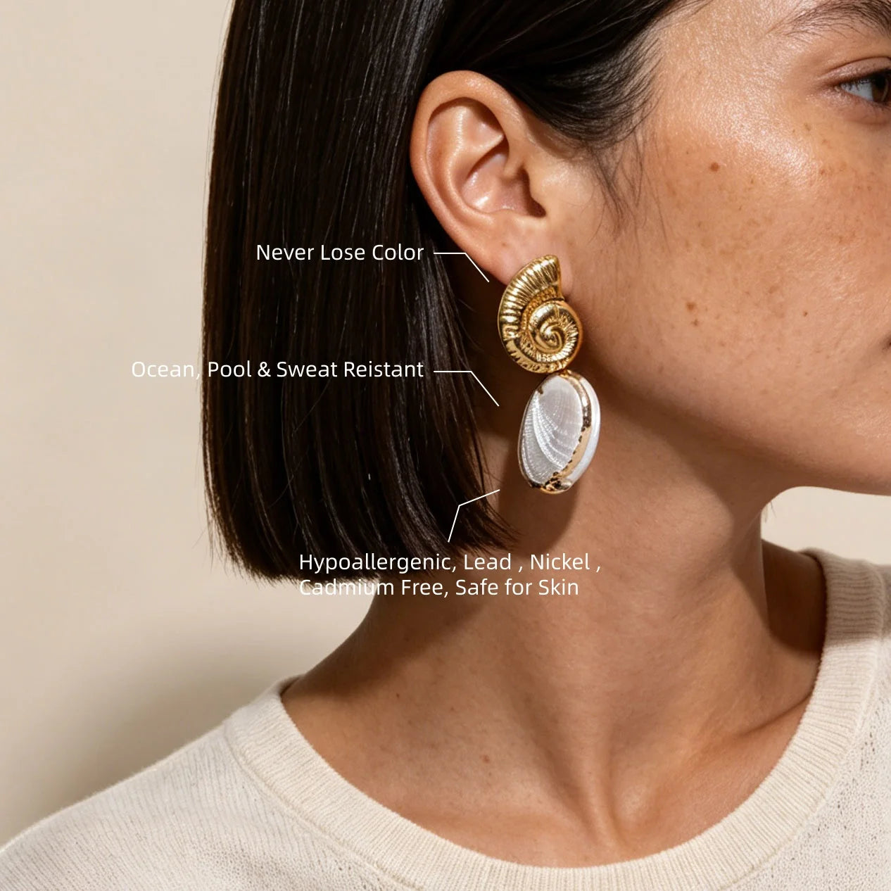 Joolim PVD Plated Wholesale Waterproof Fashion Statement Beach Natural Conch Shell Dangle Hoop Earring Stainless Steel Jewelry
