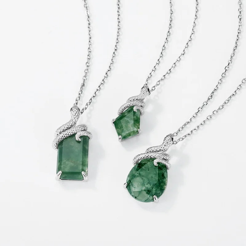 REDheart Exclusive Spirit Snake Natural Green Moss Stone Pendant S925 Silver Necklace Fashion Clavicle Necklace for Women