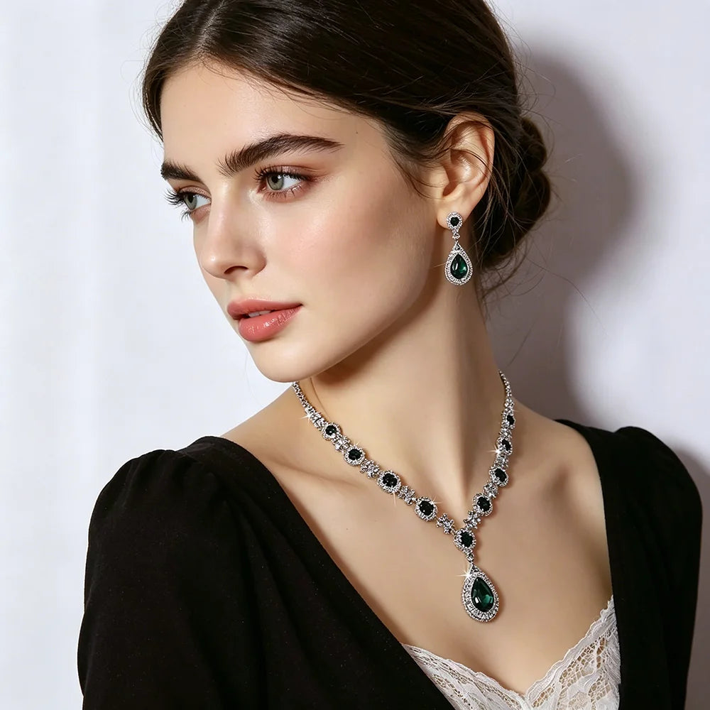 XM S372 Platinum Plated Princess Cut Zircon Floral Teardrop Pendant Necklace & Earrings Bridal Set