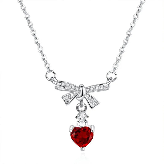 Women 925 Sterling Silver Natural Stone Garnet Necklace Engagement Wedding Bow Knot Heart Pendant Chokers Jewelry Wholesale