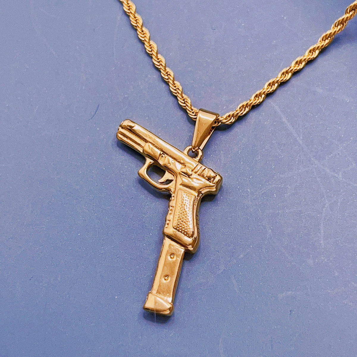 BiG-BOSS Trendy Necklace Stainless Steel 18k Gold Plated Rose Gun Pendant Rope Chain Men Hiphops Hand Gun Pendant Maxi Necklace