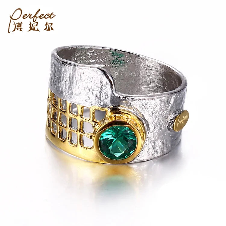 Synthetic Green Spinel Hollow Design 925 Sterling Silver Jewelry Ring with Yellow Gold Plated