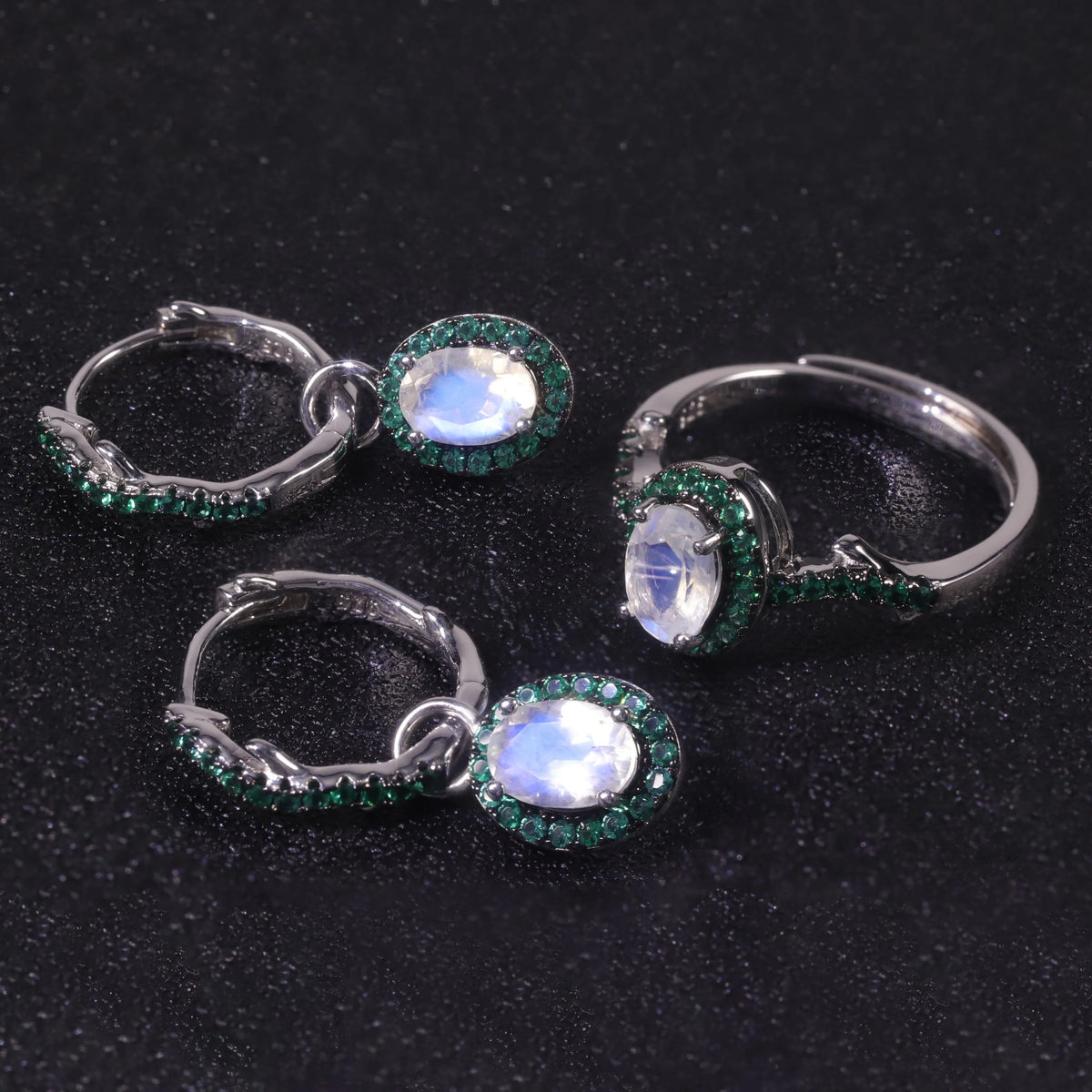 ArtistA C8211 Abiding Vintage Halo Nano Emerald Green Oval 5X7MM Milky Blue Moonstone 925 Silver Jewelry Sets for Girls