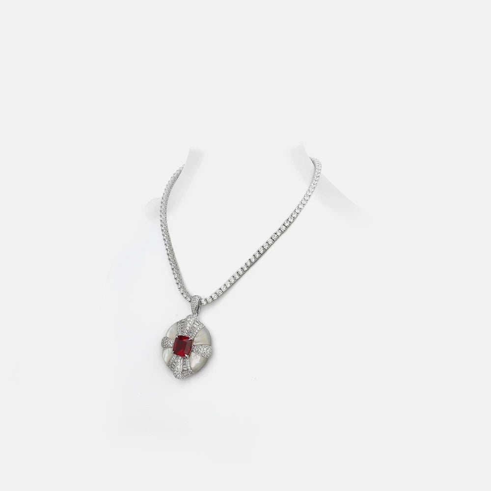 Silverelli | 925 Silver White Mother of Pearl & Ruby Pendant Necklace | White Gold Plated