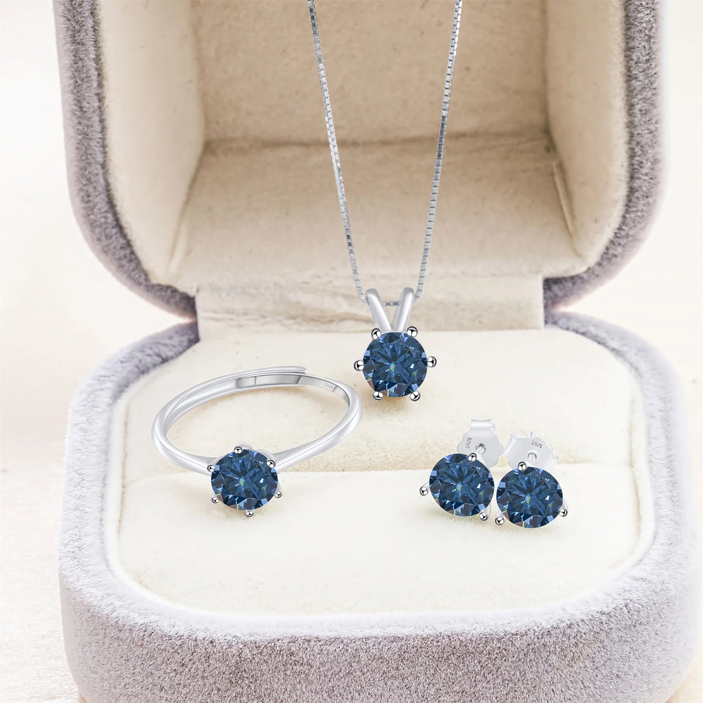 Simple D Color VVS1 GRA 1CT Round Cut Colored Moissanite Jewelry 925 Silver Wedding Ladies Necklace Earrings Ring 3 Piece Sets