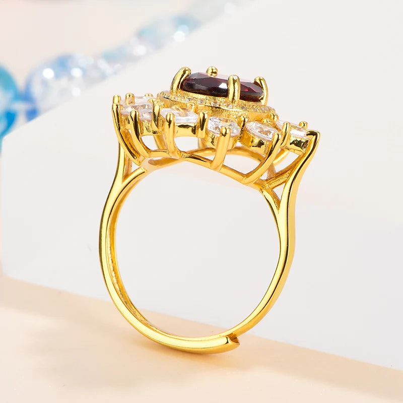Gioiellieri High-End Elegant Open Ring for Women Classic Style Oval Cut Natural Garnet 925 Silver Gold Plated Gemstone Rings Prong Setting
