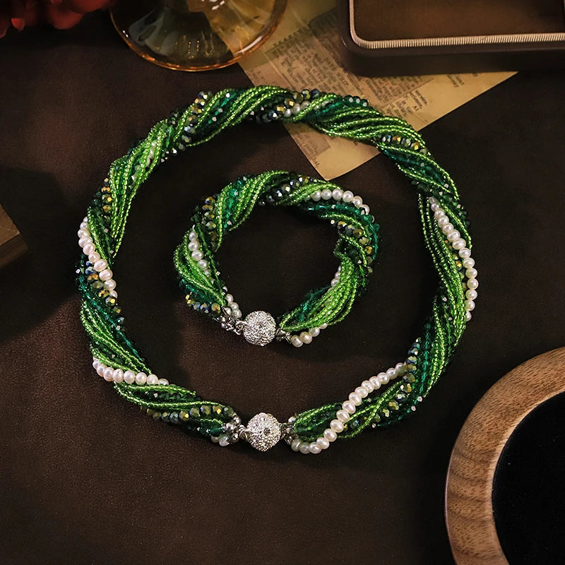 Natural Freshwater Pearl Green Glass Bead Jewelry Set for Women Wedding Banquet Party Dainty Pearl Jewelry Set Luxury Jewelry