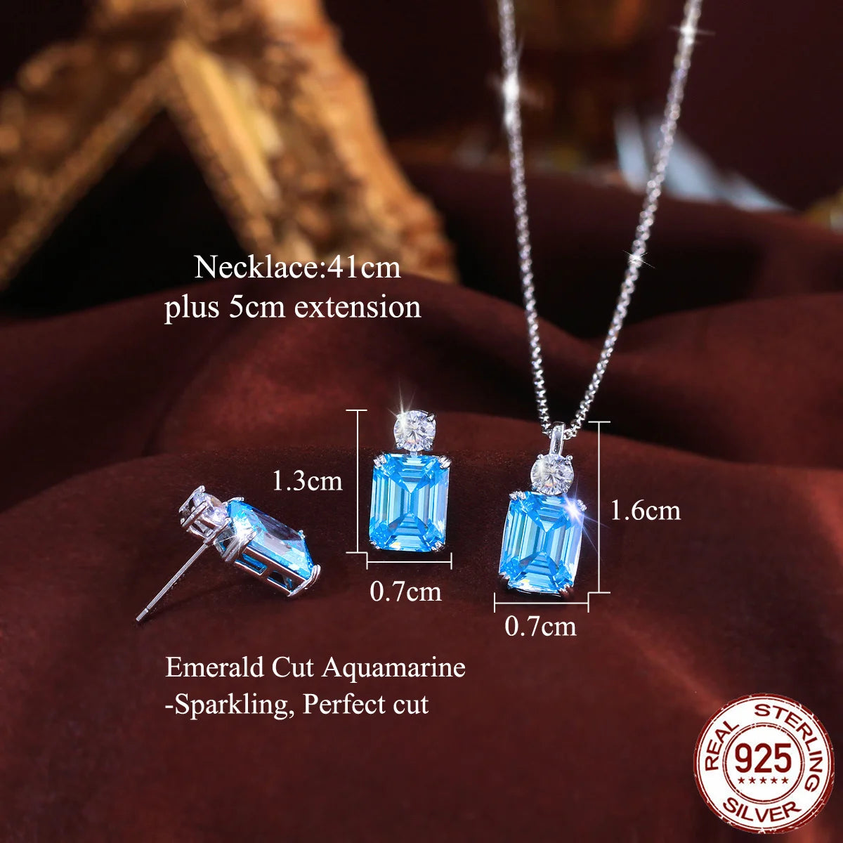 S&S 925 Sterling Silver Blue Baguette CZ Jewellery Set – Necklace & Earrings – Collection