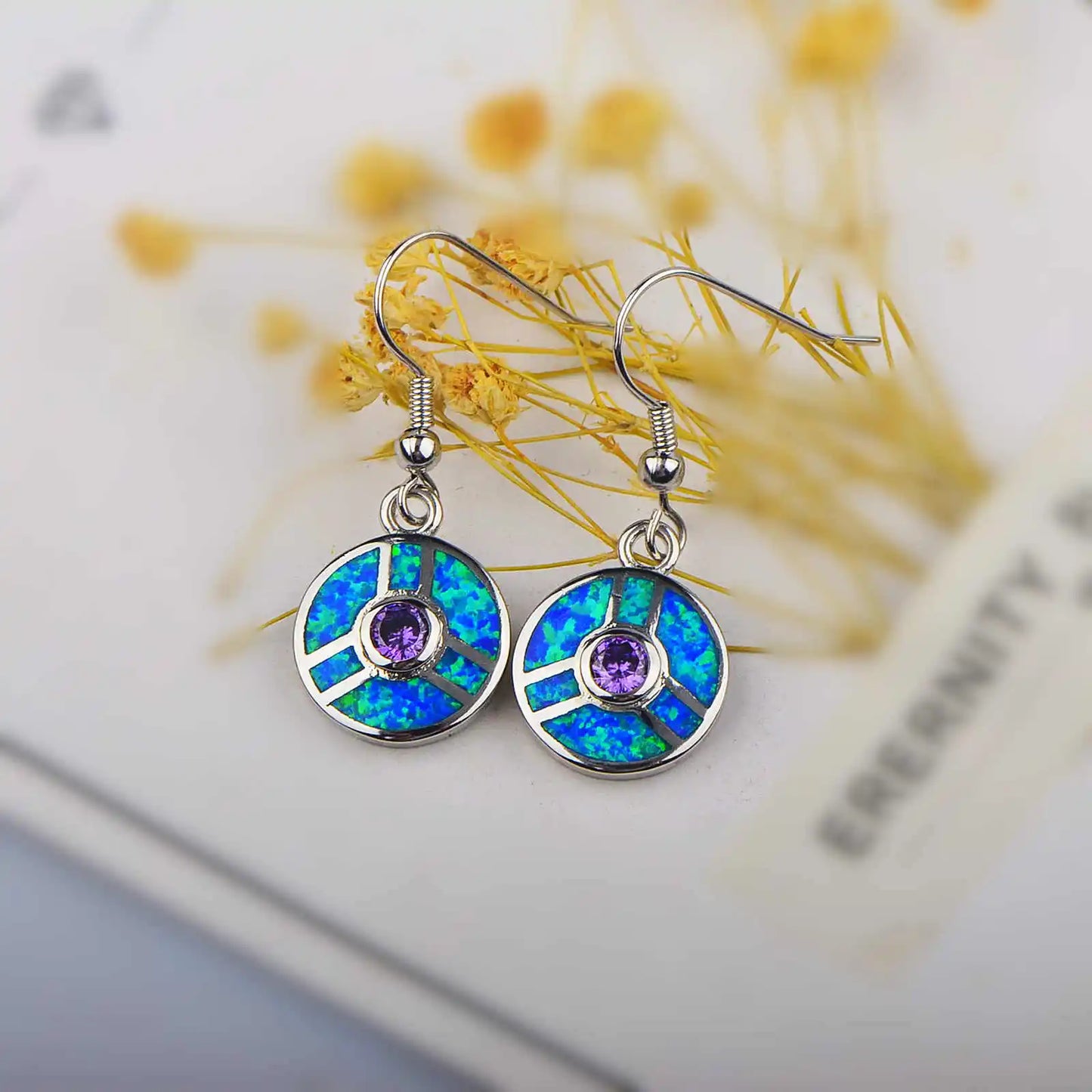 Stained-Glass Style Opal Drop Earrings - Blue Fire Opal & Amethyst Center | Artistic Daily Jewelry Bulk Gifts