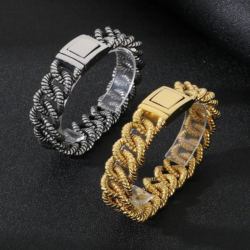 REBEL 215mm Men Punk Stainless Steel Rope-Shaped Cuban Links Bracelet