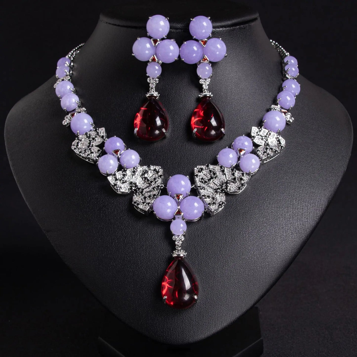 Luxury Jade & Cubic Zirconia Flower Pendant Necklace & Earrings Set — Green & Purple