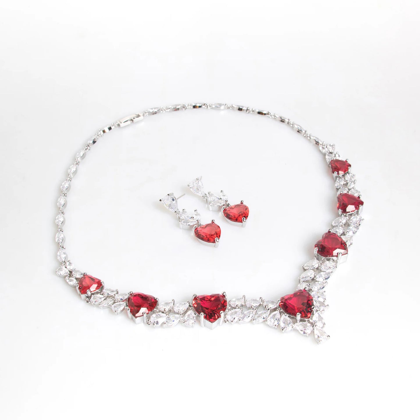 Luxury Heart-Cut Cubic Zirconia Vintage Bridal Necklace & Earrings Set — Rhodium Plated