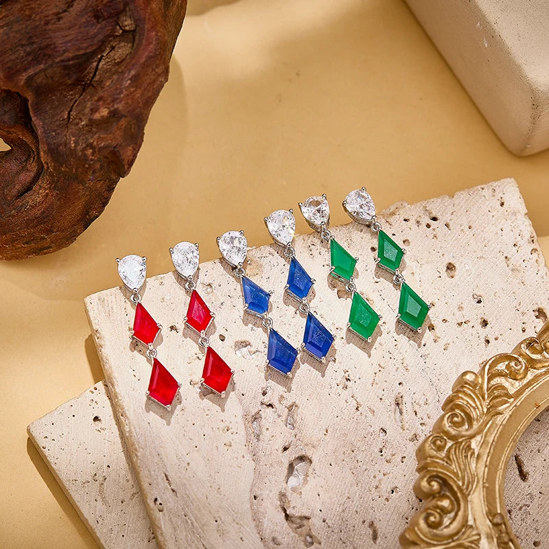 Modern Rhombus Red and Sapphire Necklace Earrings Gold-plated Women's Jewelry Wholesale Wedding Anniversary Holiday Set