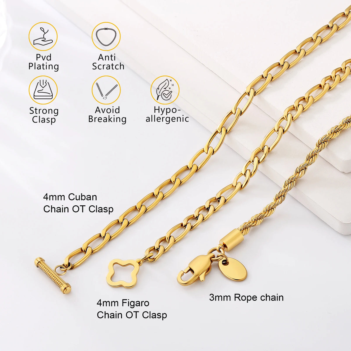 BiG-BOSS 5mm 3mm Women Simple Cuban Link Chain Men Jewelry Classic 18K Real Gold Plated 316L Stainless Steel Figaro Rope Bracelet