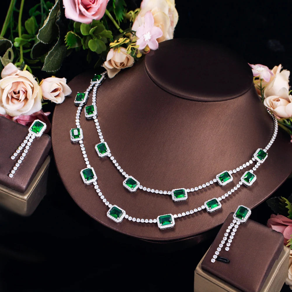 Generous Design Rectangle Cubic Zirconia Necklace and Earrings Set Wedding Bridal Party Green Jewelry Set for Women Accessories