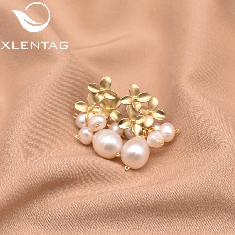 Original Fresh Water Pearl Three Flower Custer Drop Earrings for Women Wedding Engagement Fine Jewelry
