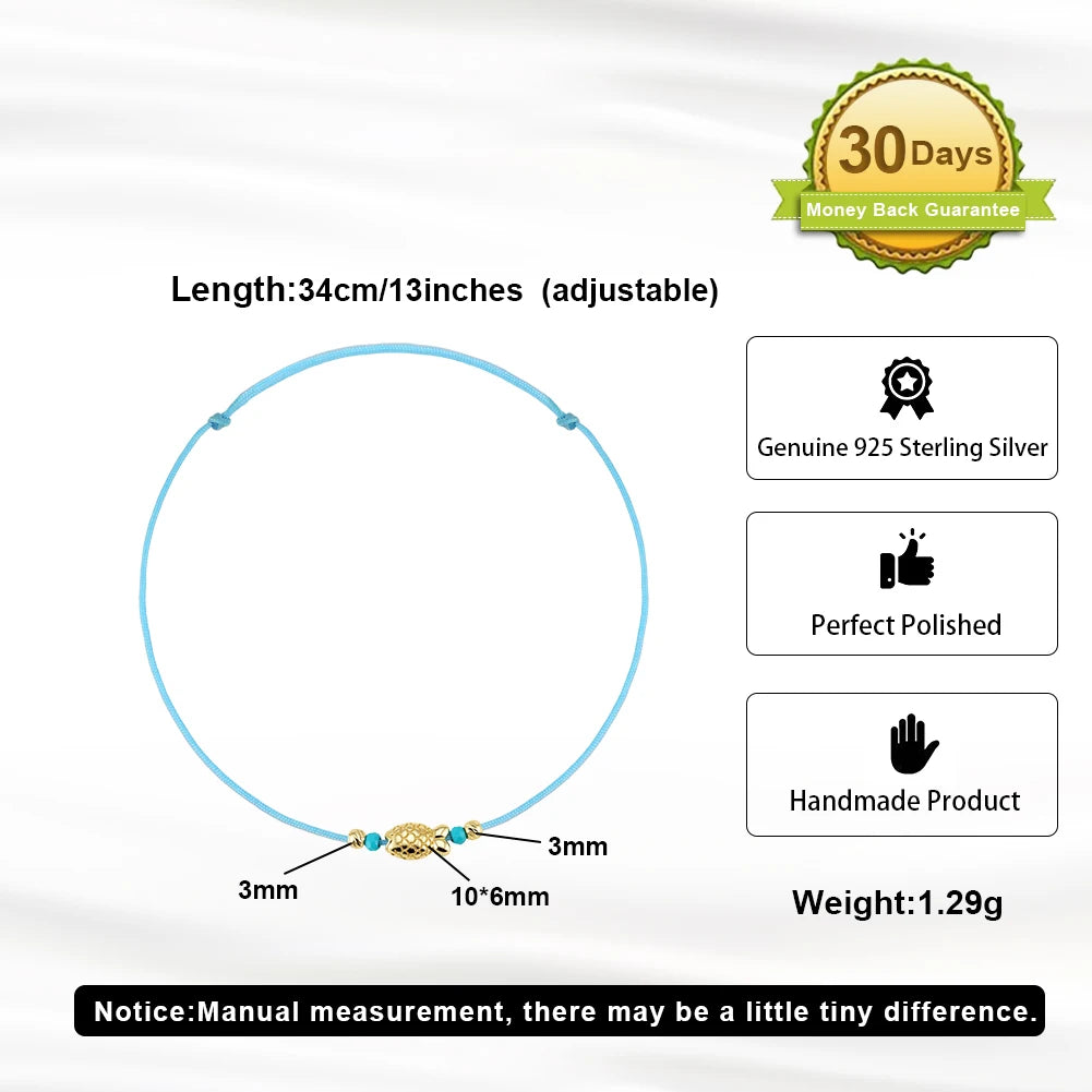 RINNTIN SA99 Wholesale Fine Jewelry Custom 925 Sterling Silver 14K Gold Plated Fish Charm Blue Rope Anklets Jewelry for Women