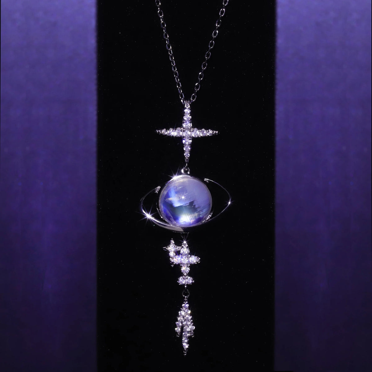 ArtistA C8155 Abiding Beautiful Design Glowing Milky Blue Moonstone Planet Zircon Star 925 Silver Dangle Pendant Necklace