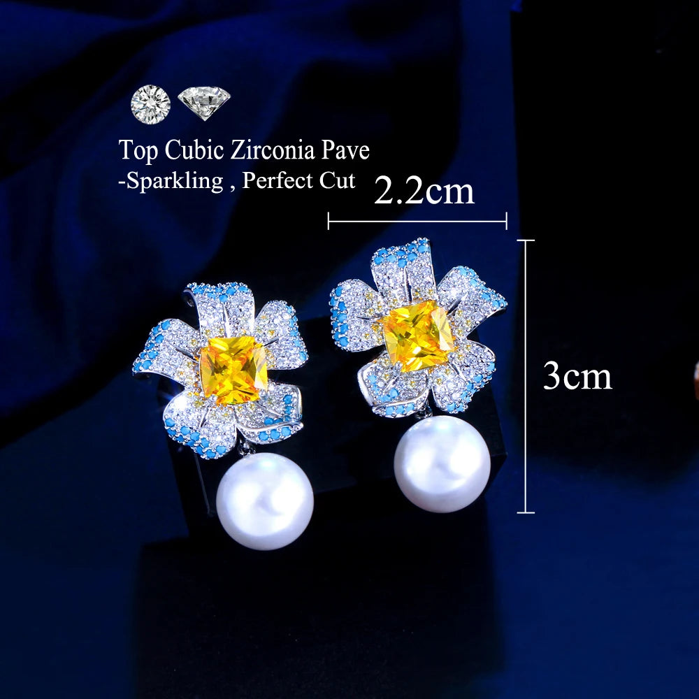 Women Elegant Jewelry Multicolor Cubic Zirconia Artificial Pearl Turquoise Big Flower Drop Earrings for Bridal Valentine's Day