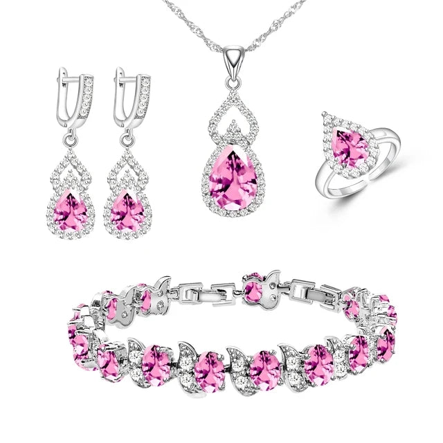 XOTICA Women's Classic Platinum Plated Silver 925 Custom Jewelry Sets Red Zircon Earrings Necklace Ring Bracelets for Engagement