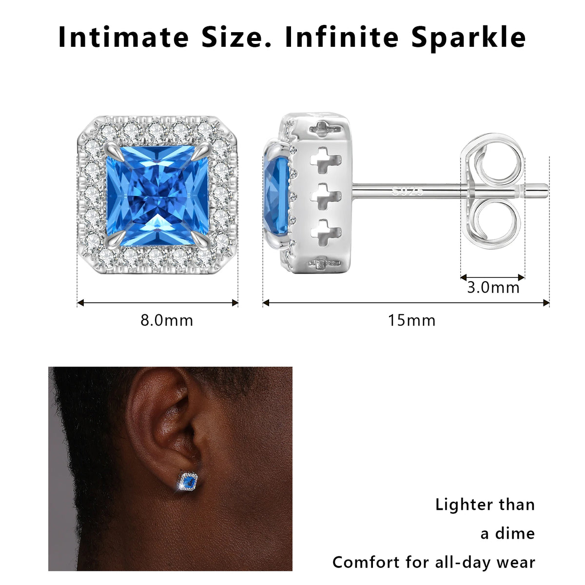 REBEL Blue CZ Stud Earring Simulated Sapphire Hip Hop Jewelry 14K Gold Plated 925 Sterling Silver Hypoallergenic Iced Out Earring