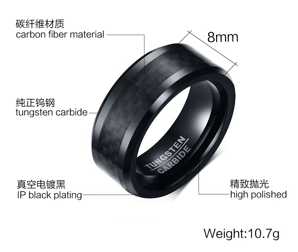 POYA Jewelry 8mm Black Tungsten Ring Inlaid Black Carbon Fiber One Piece MOQ