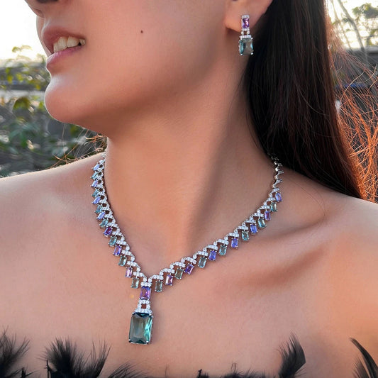 Beautiful Purple Blue Cubic Zircon Crystal Dangle Drop Bridal Wedding Necklace Earrings Party Jewelry Sets for Women