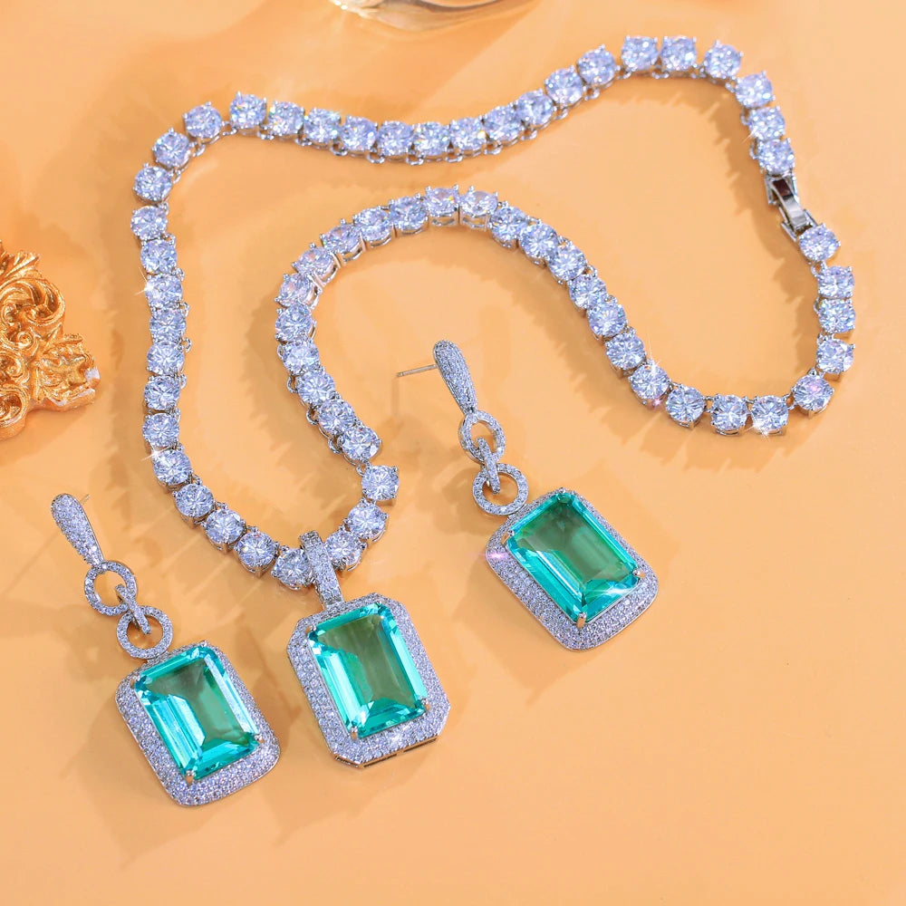 Luxury Big Blue Square Shaped CZ Stone White Tennis Necklace and Earrings Set Women Wedding Party Pendant Jewelry Accessories