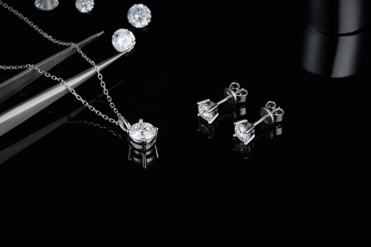925 Sterling Silver Stud Earrings Round Moissanite Diamond Pendant Necklace Jewelry Set