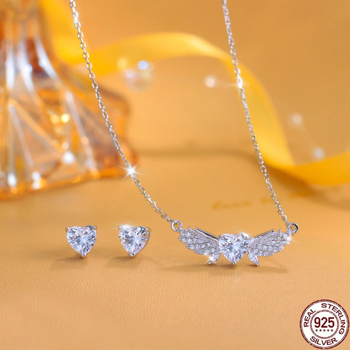 S&S 925 Silver Heart CZ Necklace & Earrings Set | Heart-Cut Zircon | Rhodium-Plated