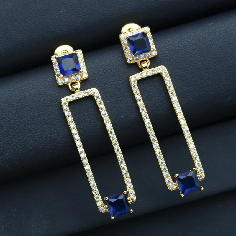 XOTICA Vintage Blue Zirconia Gold Plated Jewelry Set Women's Wedding Earrings Pendant Ring Necklace for Parties