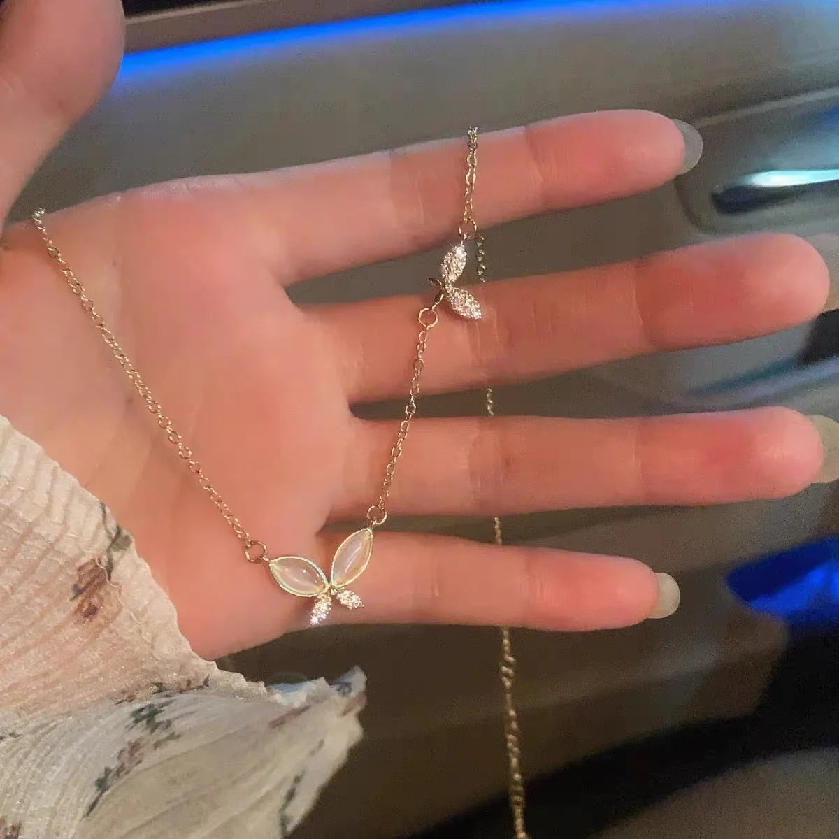 Gold-plated Iron Mother-of-Pearl Butterfly Pendant Necklace Bamboo Chain Sporty Stylish Versatile Light Luxury Unisex Design