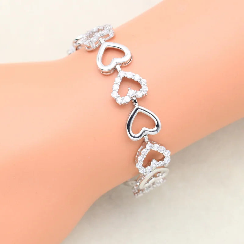 XOTICA Sweet Heart-Shape 925 Silver Custom Jewelry Set White Topaz Necklace Earrings Bracelet for Bridal Wedding Engagement Women's