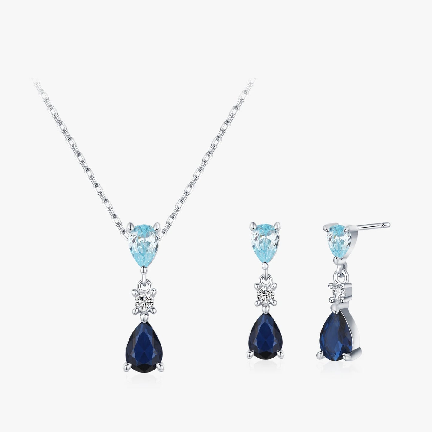 Ailmay 925 Sterling Silver Blue Series Droplet Shaped Zircon Pendant Necklace Earrings Set for Women Wedding Engagement Jewelry