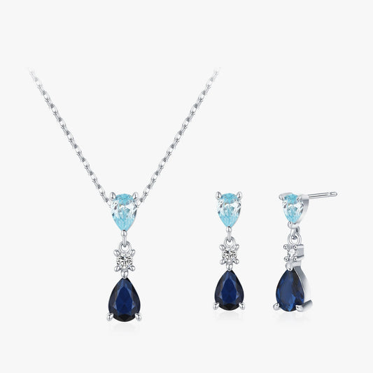Ailmay 925 Sterling Silver Blue Series Droplet Shaped Zircon Pendant Necklace Earrings Set for Women Wedding Engagement Jewelry