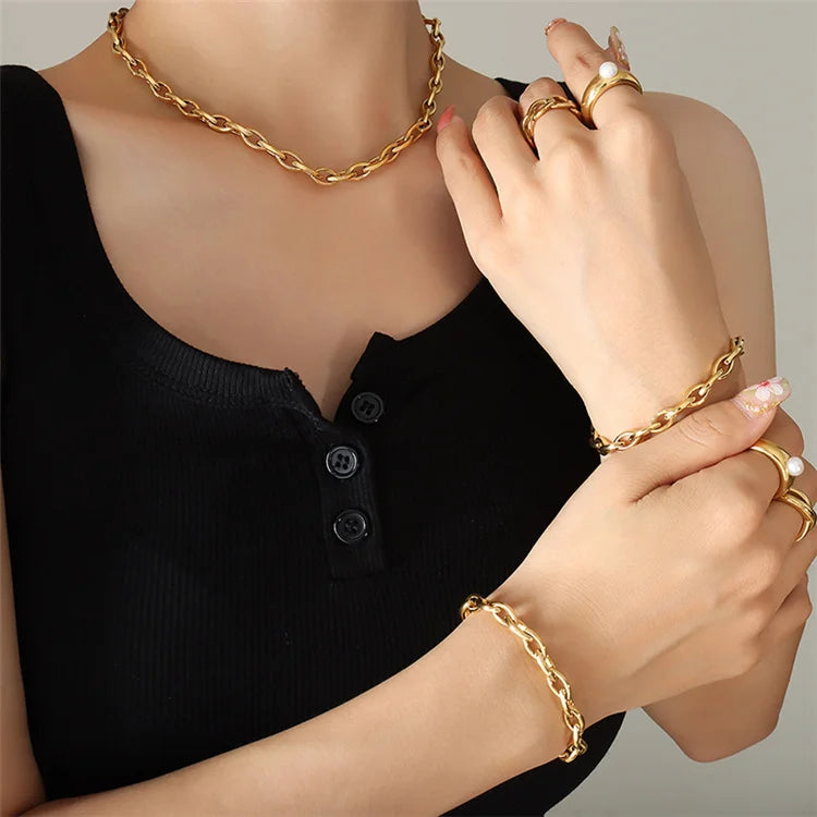 S&S Fasion Luxury Jewellery Women Copper Jewelry Set Thick Link Chain Necklace and Bracelet Hip Hop Trend Simple Gift Opp Bag
