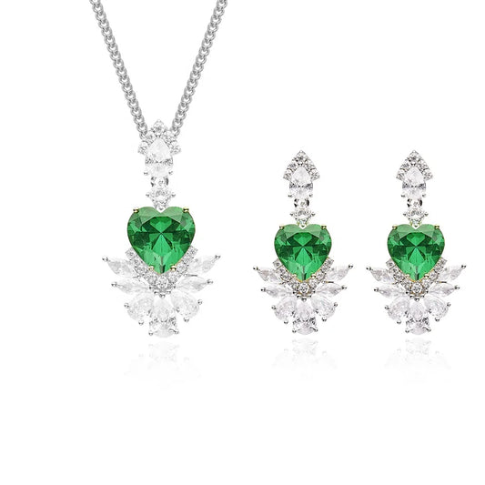 Brass Green Necklace Earrings Heart-shaped Green Zircon Jewelry Set Engagement Jewelry Simple and Fashionable