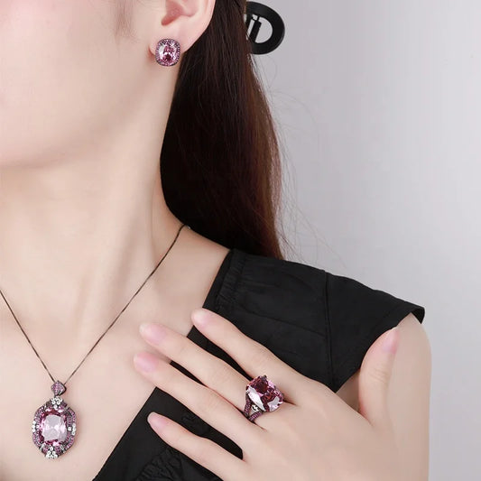Gemfiori Luxury Vintage Black Rhodium Plated Pink Morganite Jewelry Set Cushion Cut Pink Gemstone Pendant Necklace Ring Stud Earring Gift