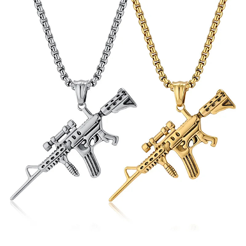 Tempusort Wholesale Gold Plated M416 Assault Rifle Retro Hip Hop Stainless Steel Pendant Necklace Fashion Jewelry for Men Gifts
