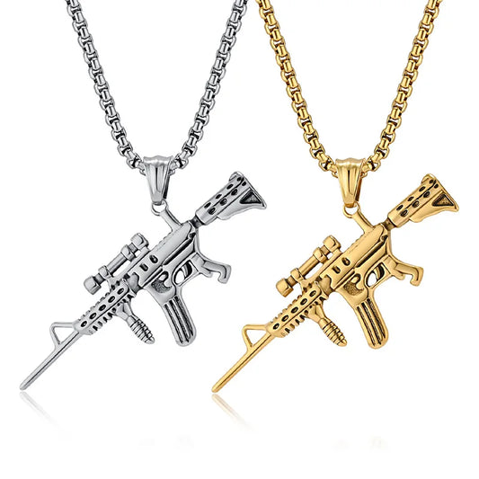 REBEL M416 Assault Rifle Pendant Necklace – 18K Gold, Silver & Black | Men's Hip-Hop Stainless Steel Chain