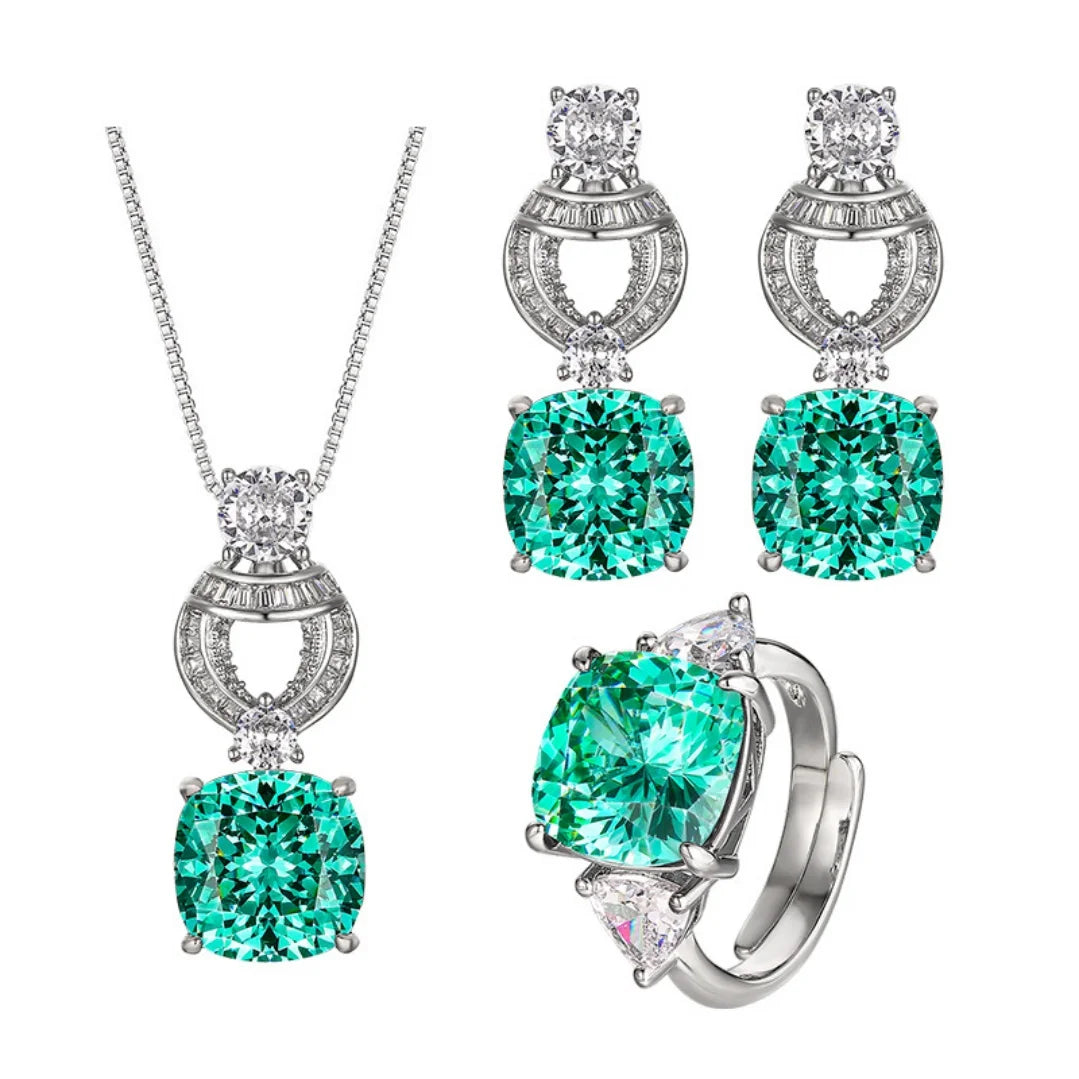 S&S Gold Plated Emerald Green Cushion Cut Zircon Jewellery Set – Collection