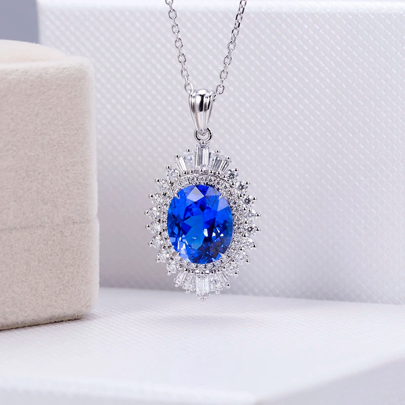 Messi JewelryMSN-655 Quality-AAA Ocean Blue Oval 5.97 Carat Spinel Diamond Necklace Pendant for Women Engagement or Dinner Party