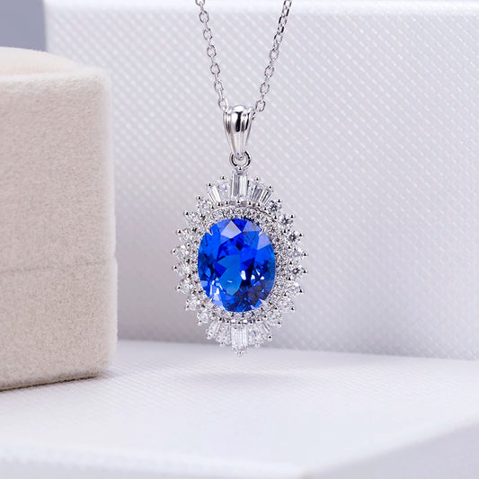 Messi JewelryMSN-655 Quality-AAA Ocean Blue Oval 5.97 Carat Spinel Diamond Necklace Pendant for Women Engagement or Dinner Party