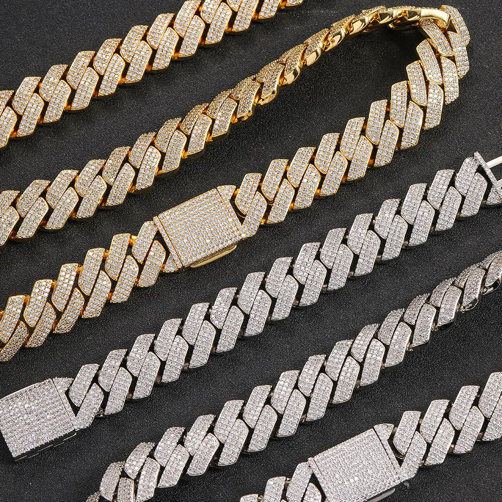 BiG-BOSS Men Hip Hop Jewelry 20mm 3 Rows Gold Chunky Necklace Iced Out Cz Prong Cuban Link Chain Necklace Diamond Cuban Chain