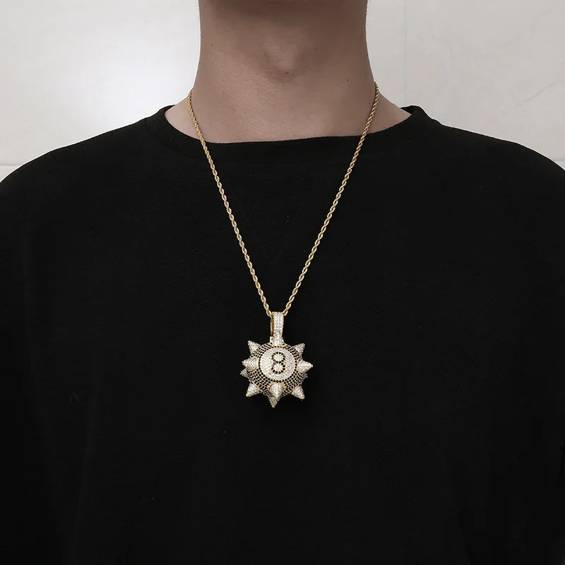 European and American Hot Style Micro-inlaid with Zircon Cartoon Black 8 Meteor Hammer Pendant Trendy Hip-hop Necklace