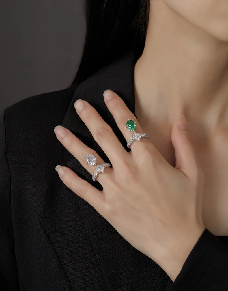 Silverelli | 925 Silver Oval Ice Flower Cut Emerald Ring | Platinum Plated | Pave Setting