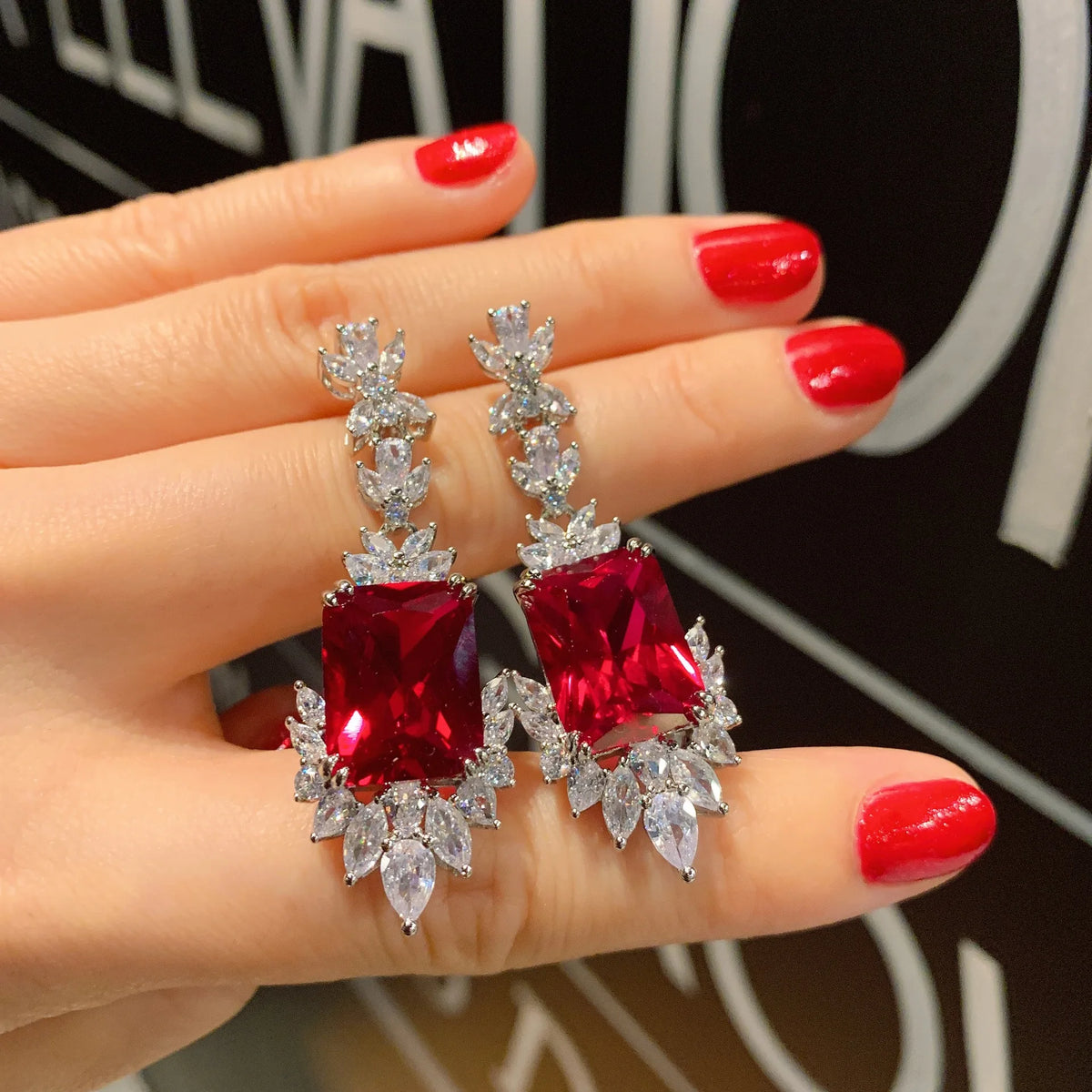 Gemfiori High Quality Luxury Vintage Flower Square Gemstone Design Drop Earring Ring Necklaces Brass Platinum Plated Wedding Jewelry Set