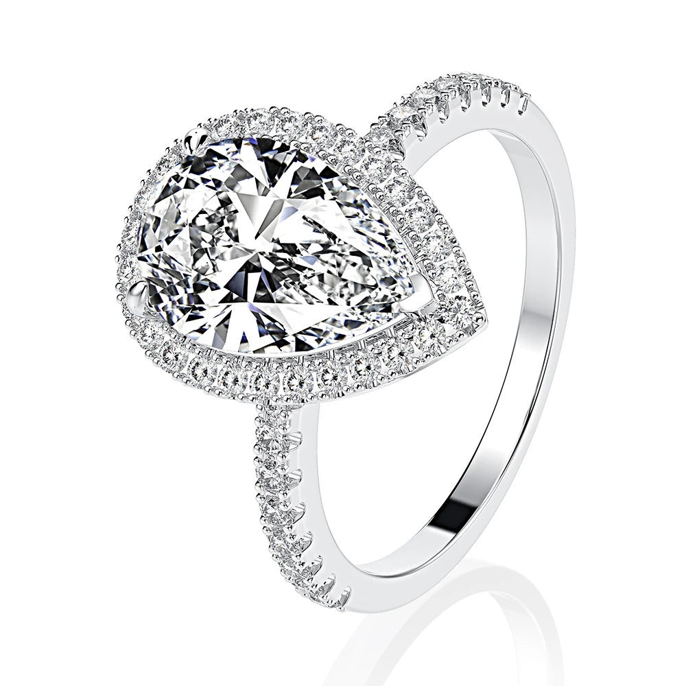 Silverelli | 925 Silver 4ct Pear-Shaped High Carbon Diamond Ring | 8×12mm | Platinum Plated